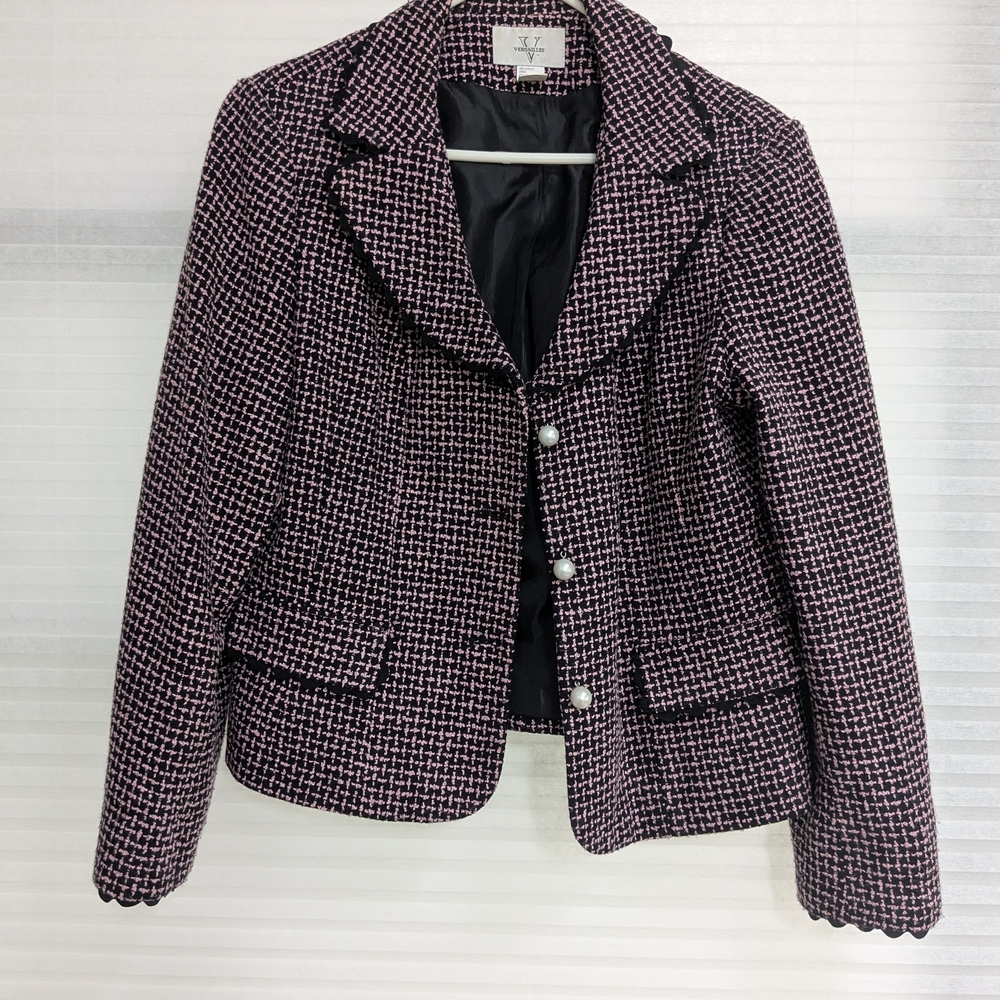 Black and Pink Tweed Blazer Jacket with Notched Lapels Pearl Buttons
